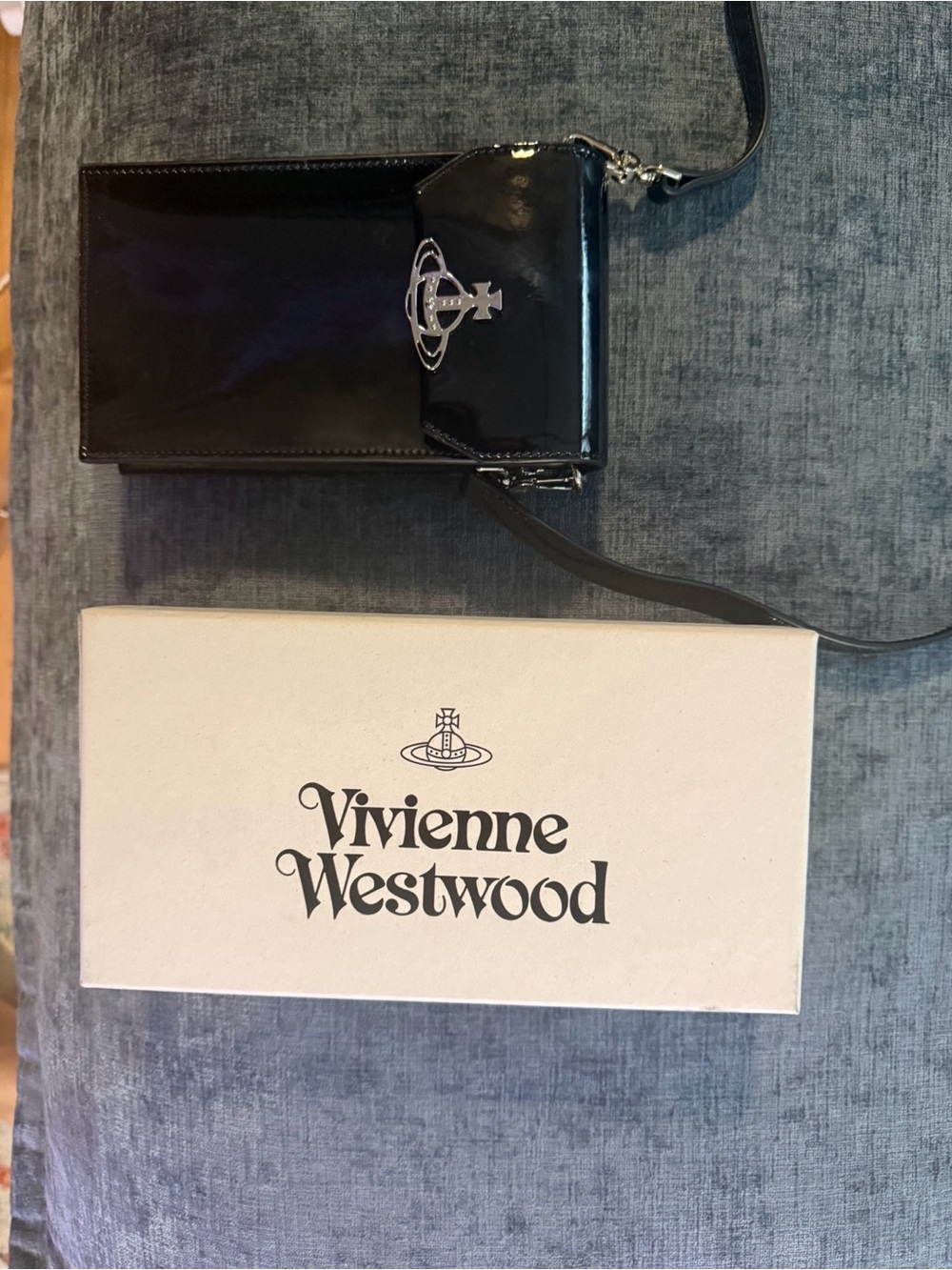 Vivienne Westwood Black Patent Mini Crossbody with Silver Orb